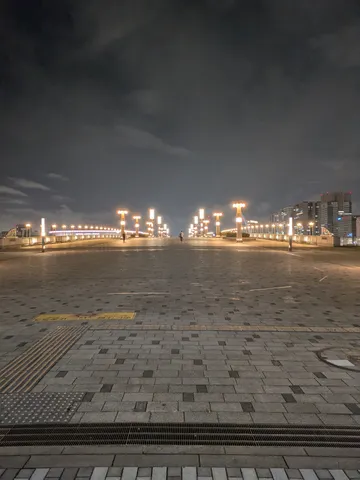 夜の街灯が誘導する道