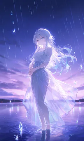 雨粒がきらめく幻想的な水辺の少女