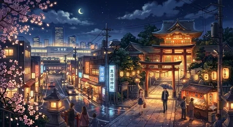 夜桜と提灯が誘う街の宵