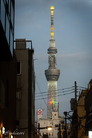 都会の灯、空へ伸びる塔