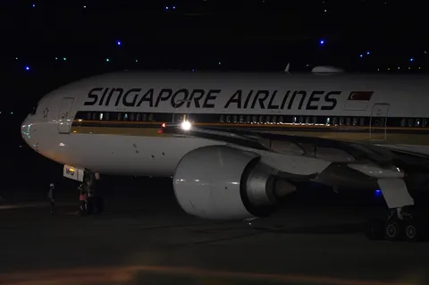 夜の滑走路、シンガポール航空機