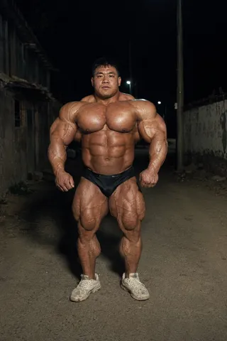 夜のストリートに佇む鋼の肉体