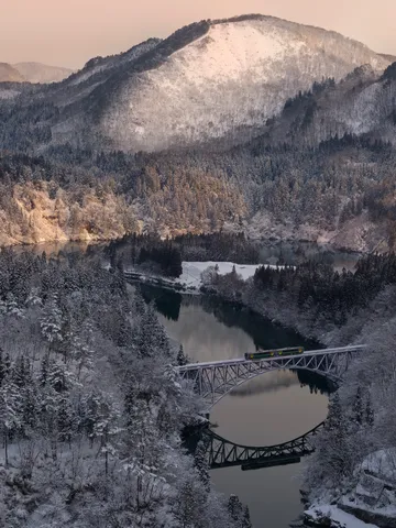 雪景色を駆ける銀色の橋