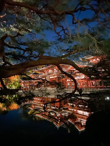夜の水鏡に浮かぶ朱色楼閣
