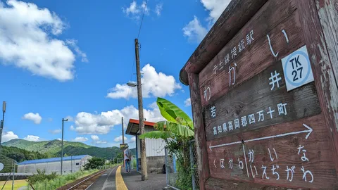 青空と木製看板の旅路