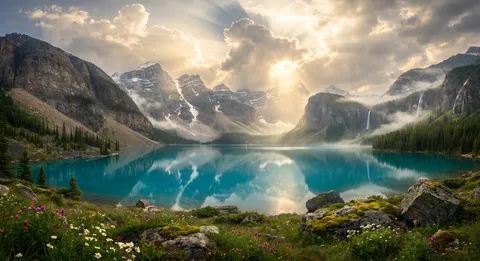 光芒に包まれる湖畔の絶景