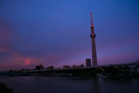 紫色の空と巨大タワーの競演