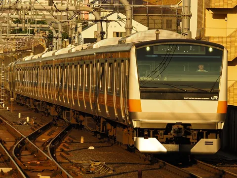 夕陽を浴びる通勤電車