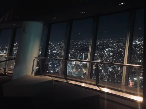 煌めく都市の夜、窓越しの絶景