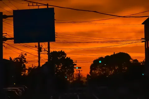 夕暮れの街と電線の海