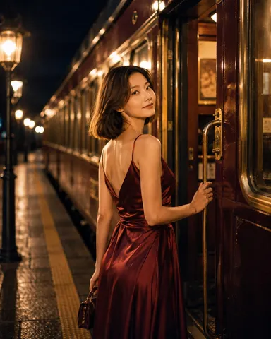 夜の駅、赤いドレスが誘う
