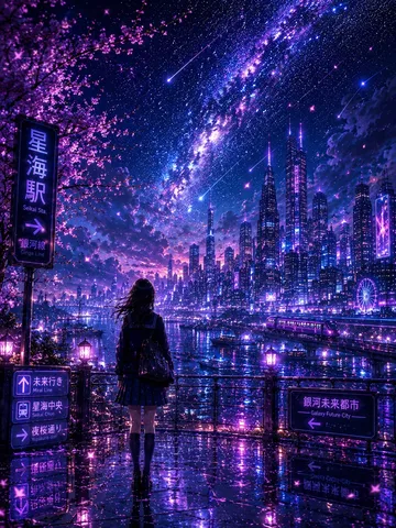 銀河きらめく未来都市の夜