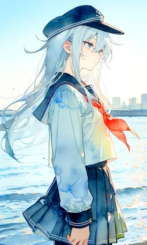 水彩タッチのセーラー服少女