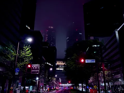 都会の夜、霧と光の交差点