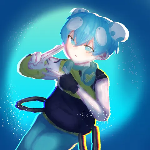 青い髪のネズミ耳キャラのポーズ