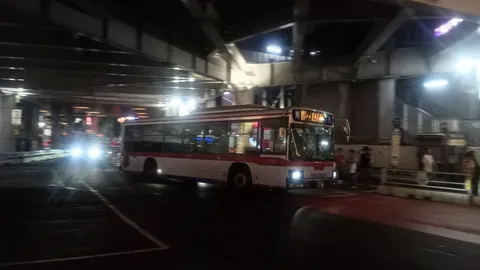 夜のバスと光の線路