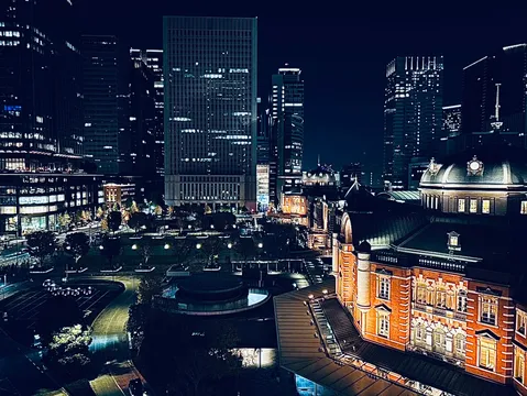 煌めく都会と赤レンガの夜