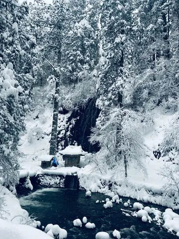 雪化粧の滝と鳥居、静寂の清流