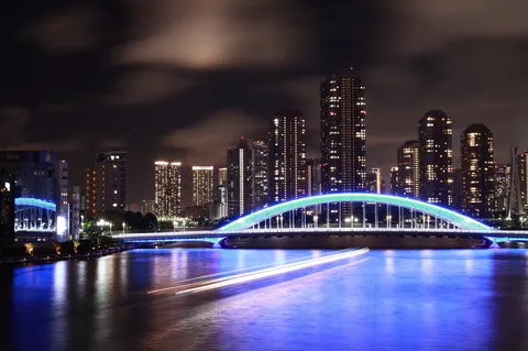 光跡が渡る夜の橋
