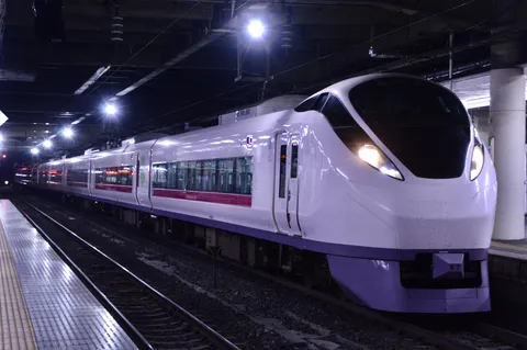 ライトに照らされた特急列車