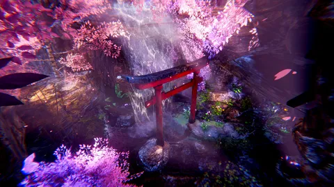 幻想的な桜の滝壺、鳥居と花吹雪