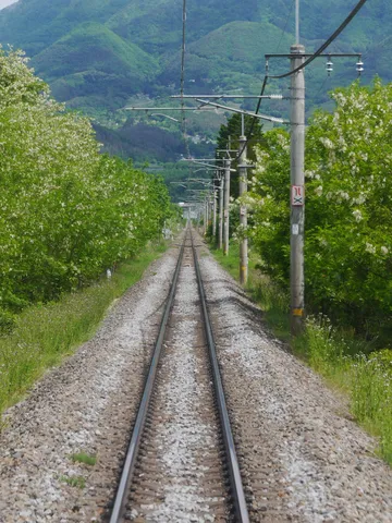 緑深まる山々へ続く線路