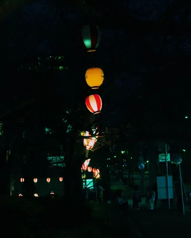 闇夜に灯る、幻想的な提灯の連なり