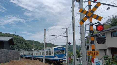 遮断機が下りる、青い列車