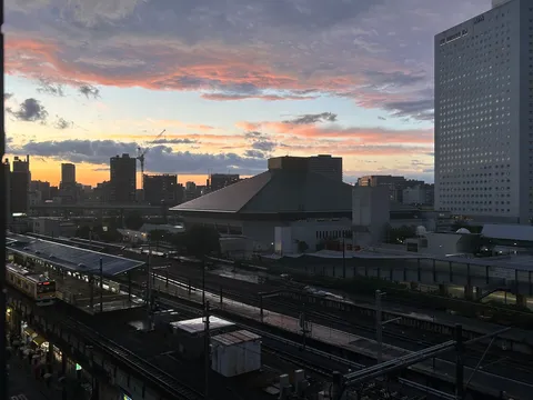 茜雲が舞う、都会の黄昏