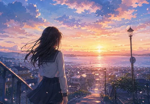 夕暮れの坂道、少女の視線