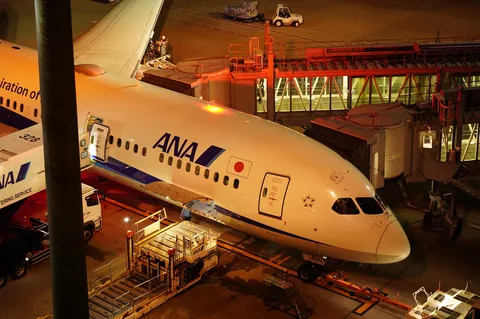 夜の空港、ANA機とボーディングブリッジ