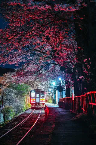 夜桜特急、映え駅停車中！