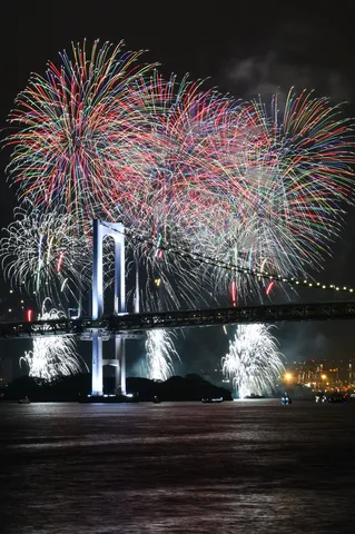 夜空を飾る、橋と花火の競演