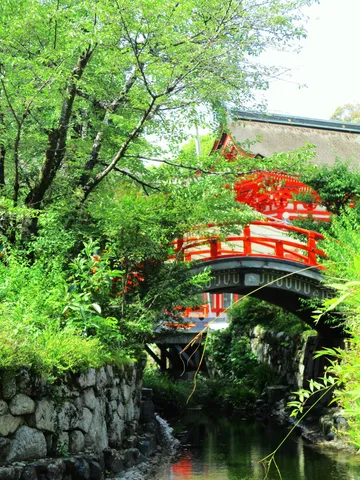 朱色の橋と緑のコントラスト