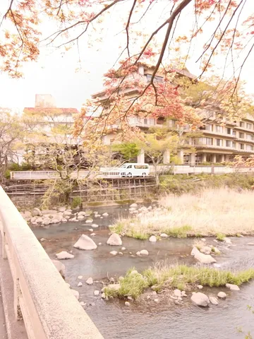 川辺の遅い春、温泉宿を彩る木々