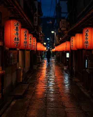 提灯が照らす雨の夜道