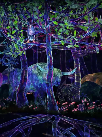 幻想的な森の夜、不思議な生き物