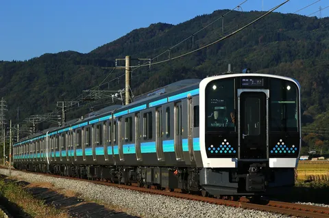 山影を抜ける青い帯列車
