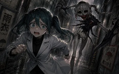 雨の中、逃げる少女と怪物