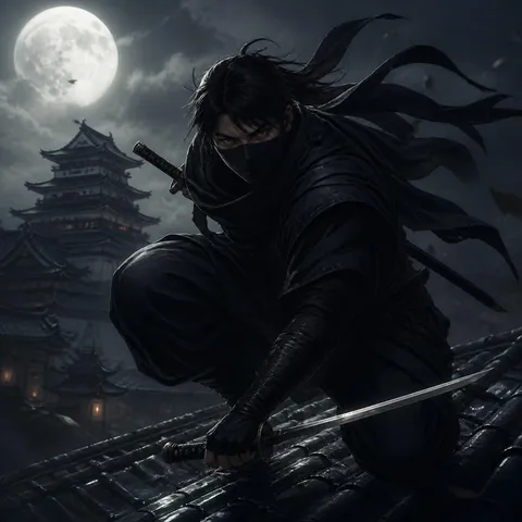 月夜の影を切る忍者