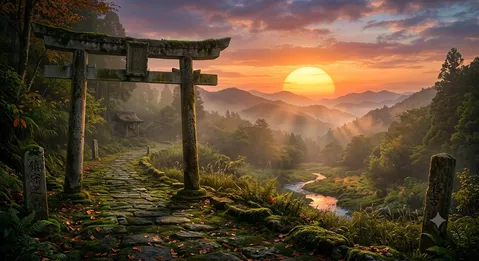 古道と鳥居、朝焼けの絶景