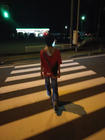 夜の横断歩道、一人の道