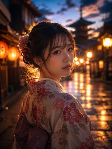 灯りと着物の夜道、粋な散歩道