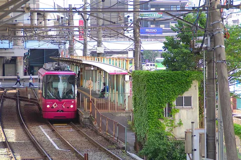 ピンクの電車と緑の壁