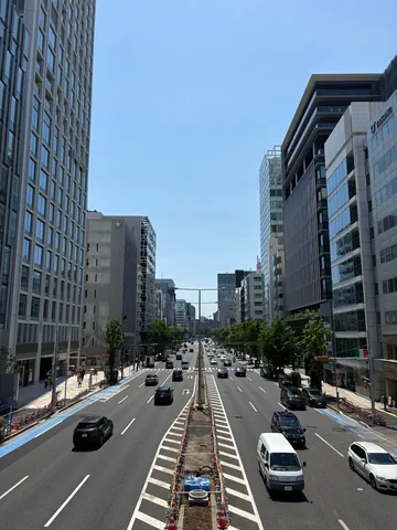 都会の一直線、ビル群と車の流れ