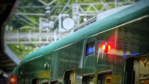 雨に濡れる、緑の鉄道
