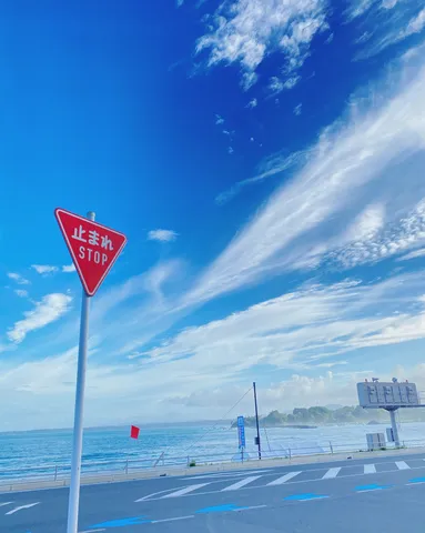 青い空と海、信号機のコントラスト