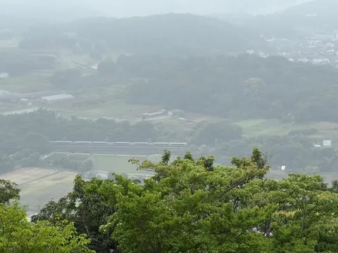 霧の山上、下に見える特急列車