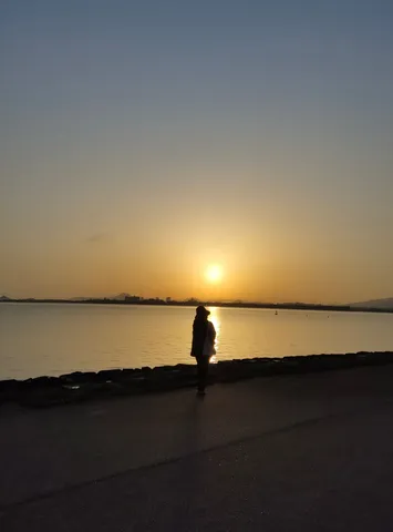 夕陽と海辺のシルエット