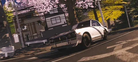 桜と旧車、電線ジャングル
